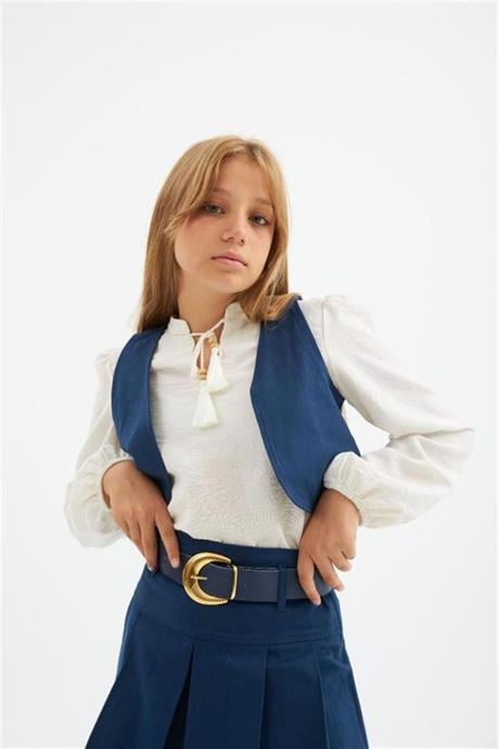 Kız Çocuk Gabardin Yelek İpli Gömlek Pileli Etek ve Gold Tokalı Kemer 4'lü Takım Lacivert 6 Yaş