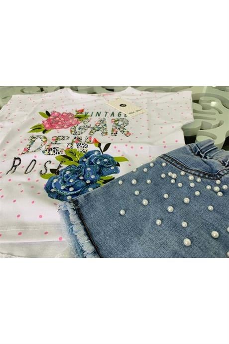 Kız Çocuk Garden Model Puanlı T-shırt Incili Kot Şort Ikili Takım PEMBE 6 Yaş