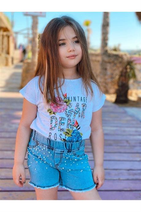Kız Çocuk Garden Model Puanlı T-shırt Incili Kot Şort Ikili Takım PEMBE 4 Yaş