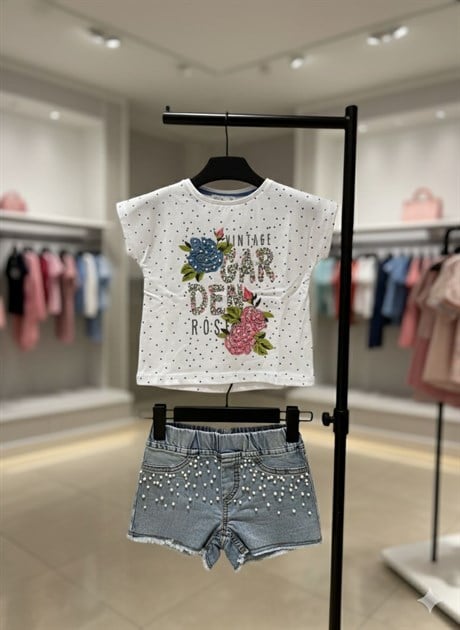 Kız Çocuk Garden Model Puanlı T-shırt Incili Kot Şort Ikili Takım