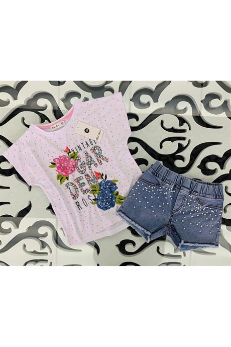 Kız Çocuk Garden Model Puanlı T-shırt Incili Kot Şort Ikili Takım PEMBE 4 Yaş