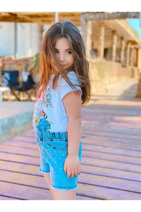 Kız Çocuk Garden Model Puanlı T-shırt Incili Kot Şort Ikili Takım PEMBE 12 Yaş