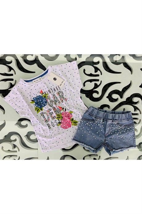 Kız Çocuk Garden Model Puanlı T-shırt Incili Kot Şort Ikili Takım MAVİ 6 Yaş
