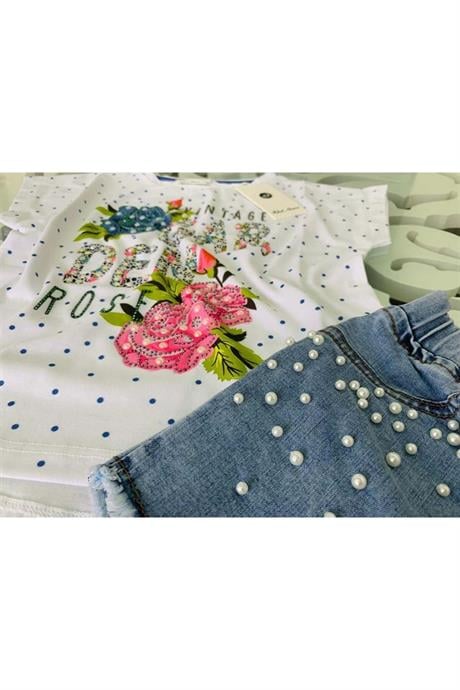 Kız Çocuk Garden Model Puanlı T-shırt Incili Kot Şort Ikili Takım MAVİ 8 Yaş