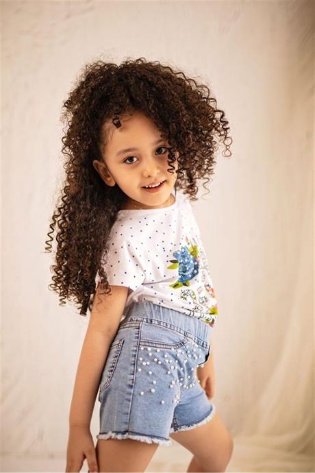 Kız Çocuk Garden Model Puanlı T-shırt Incili Kot Şort Ikili Takım MAVİ 6 Yaş