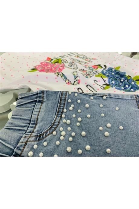 Kız Çocuk Garden Model Puanlı T-shırt Incili Kot Şort Ikili Takım PEMBE 12 Yaş