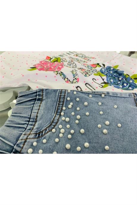 Kız Çocuk Garden Model Puanlı T-shırt Incili Kot Şort Ikili Takım PEMBE 6 Yaş