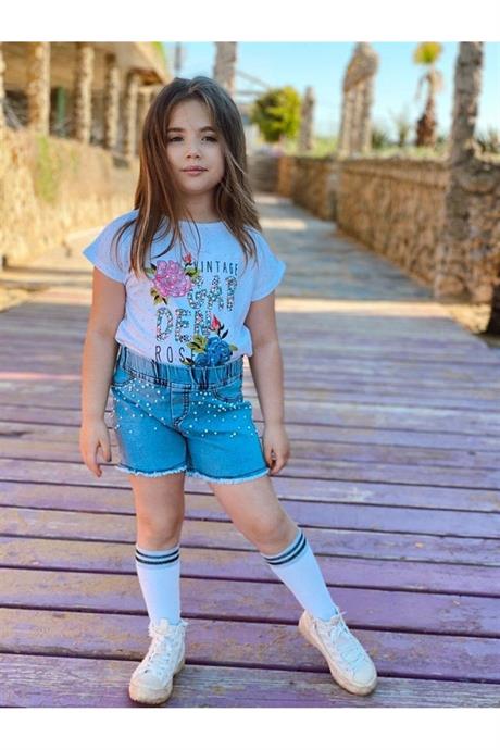 Kız Çocuk Garden Model Puanlı T-shırt Incili Kot Şort Ikili Takım PEMBE 10 Yaş