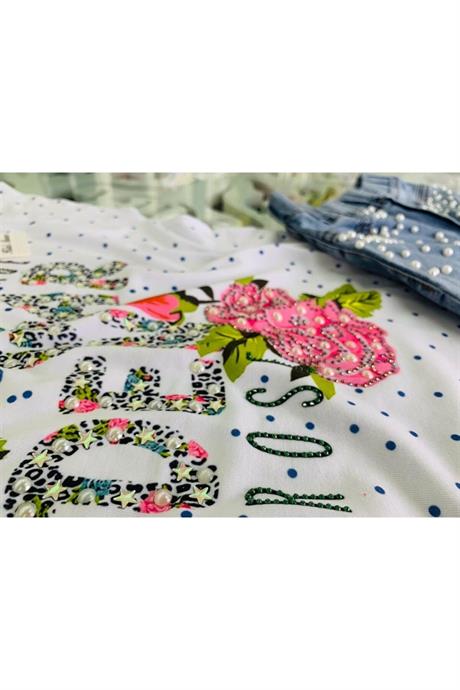 Kız Çocuk Garden Model Puanlı T-shırt Incili Kot Şort Ikili Takım MAVİ 8 Yaş