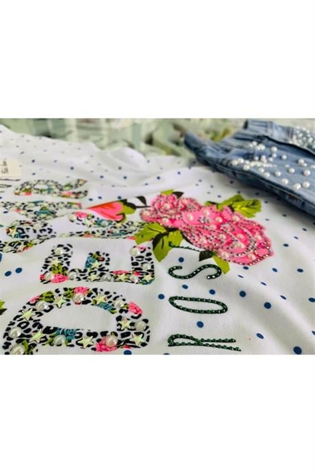 Kız Çocuk Garden Model Puanlı T-shırt Incili Kot Şort Ikili Takım MAVİ 8 Yaş