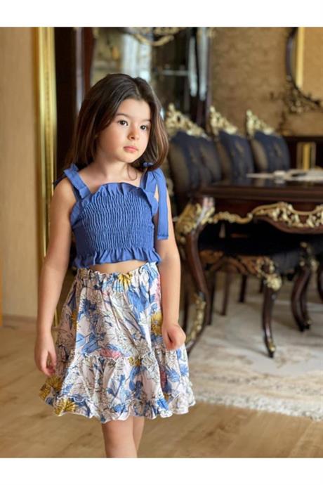 Kız Çocuk Gipeli Bluz Desenli Salaş Etek Ikili Takım MAVİ 12 Yaş