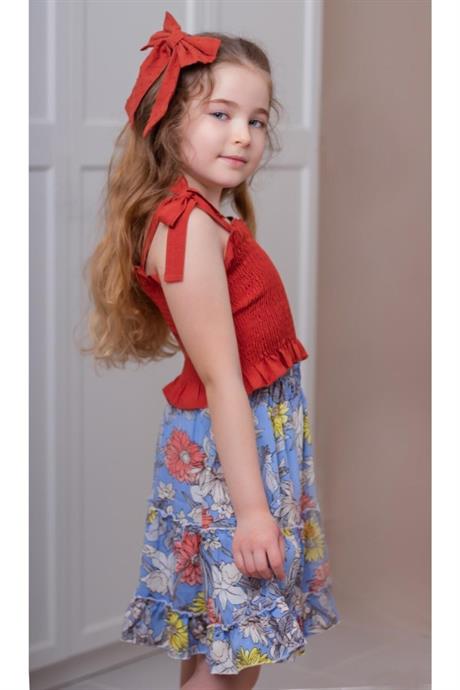 Kız Çocuk Gipeli Bluz Desenli Salaş Etek Ikili Takım KREMİT 12 Yaş