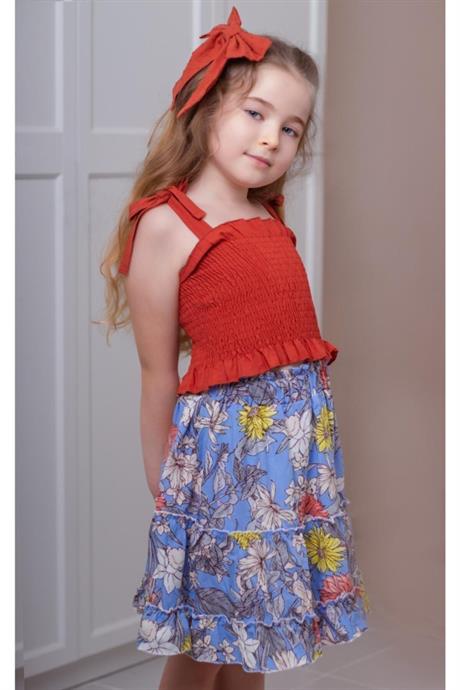 Kız Çocuk Gipeli Bluz Desenli Salaş Etek Ikili Takım KREMİT 12 Yaş