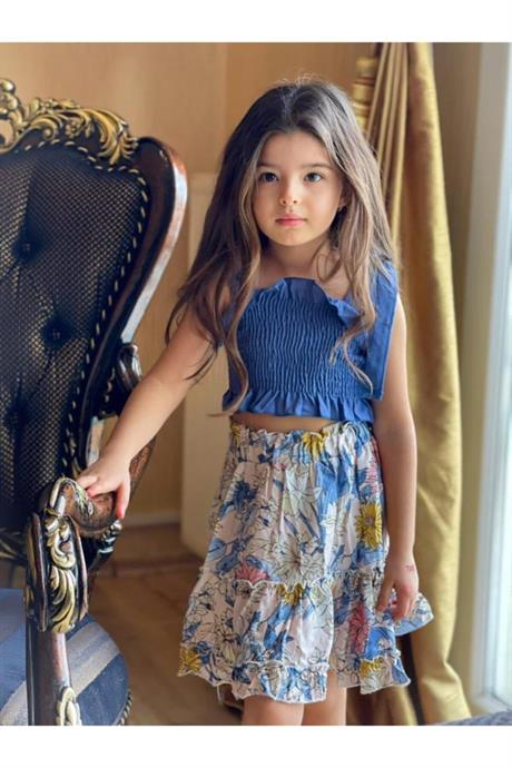 Kız Çocuk Gipeli Bluz Desenli Salaş Etek Ikili Takım MAVİ 10 Yaş