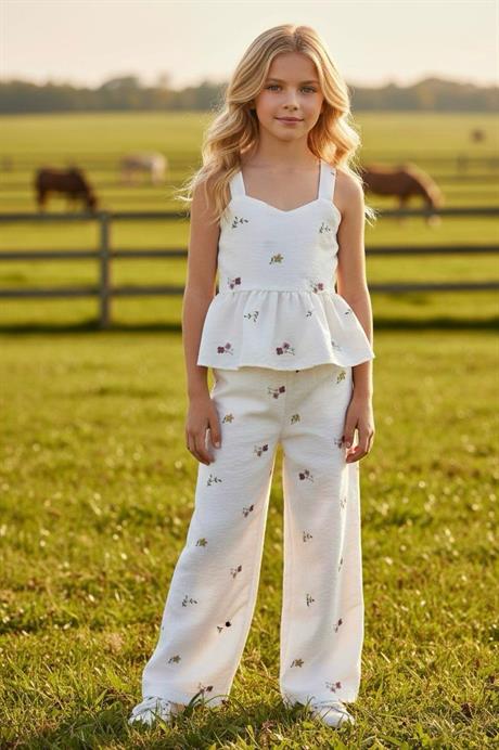 Kız Çocuk Gipeli Çiçek Nakışlı Askılı Takım Beyaz 11 Yaş