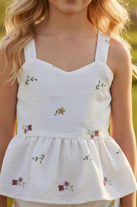 Kız Çocuk Gipeli Çiçek Nakışlı Askılı Takım Beyaz 10 Yaş