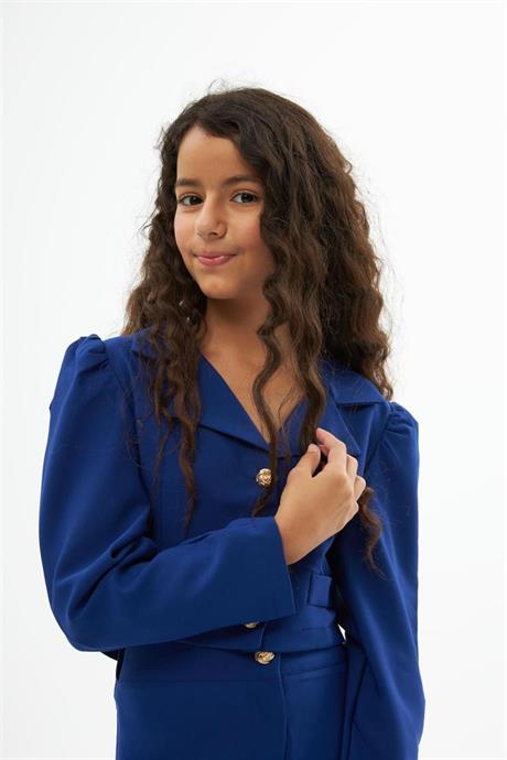 Kız Çocuk Gold Düğme Deaylı Süs Cepli Crop Ceket Geniş Paça Pantolon 2'li Takım Saks 14 Yaş