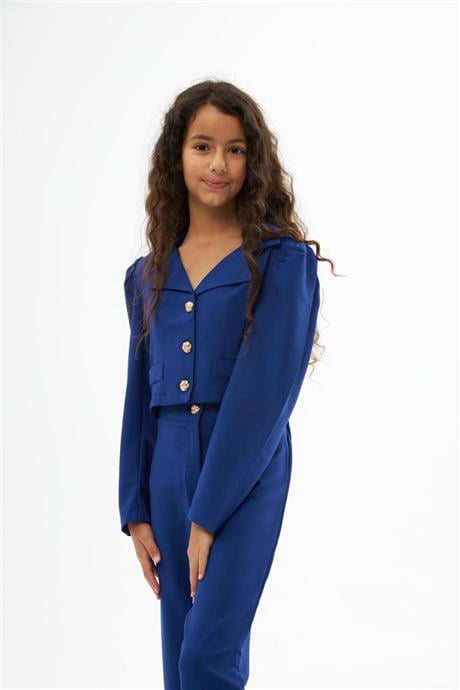 Kız Çocuk Gold Düğme Deaylı Süs Cepli Crop Ceket Geniş Paça Pantolon 2'li Takım Saks 12 Yaş