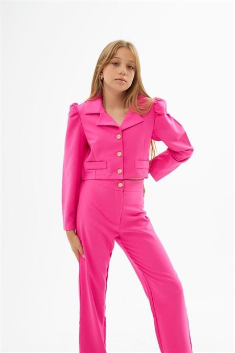 Kız Çocuk Gold Düğme Deaylı Süs Cepli Crop Ceket Geniş Paça Pantolon 2'li Takım Pembe 6 Yaş