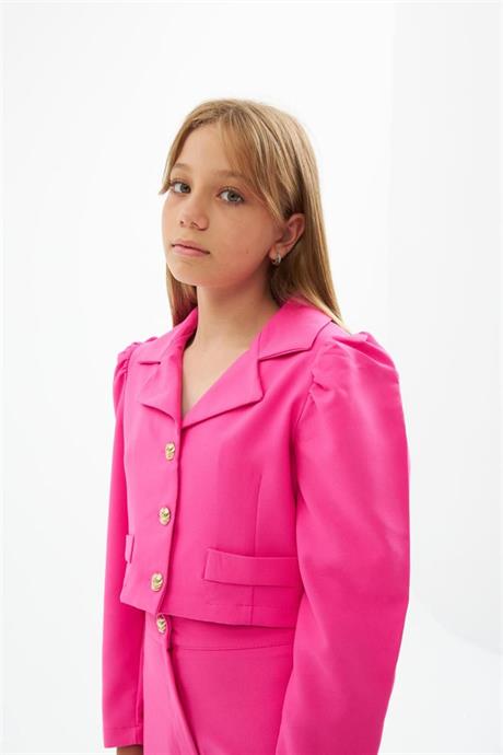 Kız Çocuk Gold Düğme Deaylı Süs Cepli Crop Ceket Geniş Paça Pantolon 2'li Takım Pembe 6 Yaş