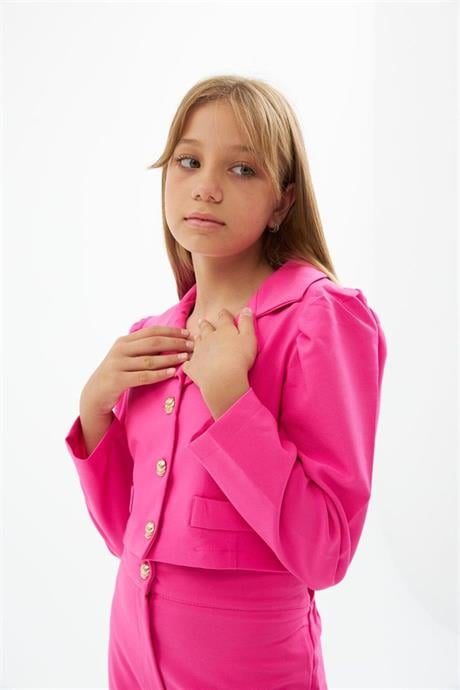 Kız Çocuk Gold Düğme Deaylı Süs Cepli Crop Ceket Geniş Paça Pantolon 2'li Takım Pembe 8 Yaş
