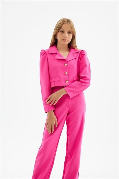 Kız Çocuk Gold Düğme Deaylı Süs Cepli Crop Ceket Geniş Paça Pantolon 2'li Takım Pembe 12 Yaş
