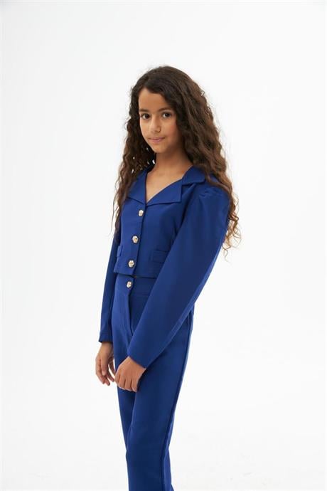 Kız Çocuk Gold Düğme Deaylı Süs Cepli Crop Ceket Geniş Paça Pantolon 2'li Takım Saks 10 Yaş