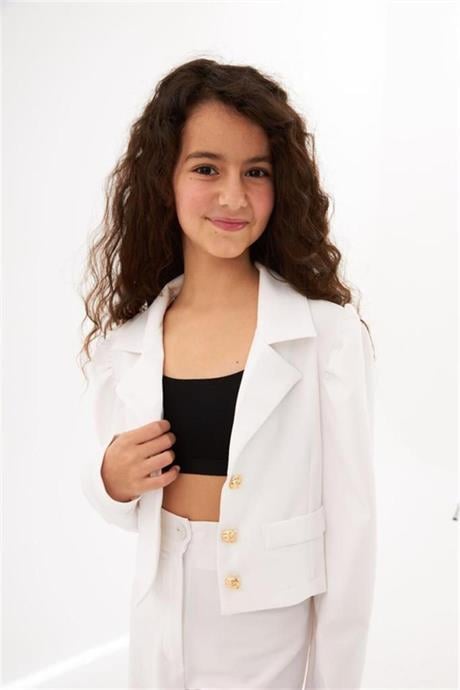 Kız Çocuk Gold Düğme Deaylı Süs Cepli Crop Ceket Geniş Paça Pantolon 2'li Takım Beyaz 4 Yaş