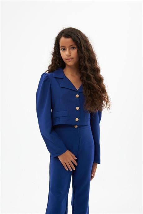 Kız Çocuk Gold Düğme Deaylı Süs Cepli Crop Ceket Geniş Paça Pantolon 2'li Takım Saks 8 Yaş