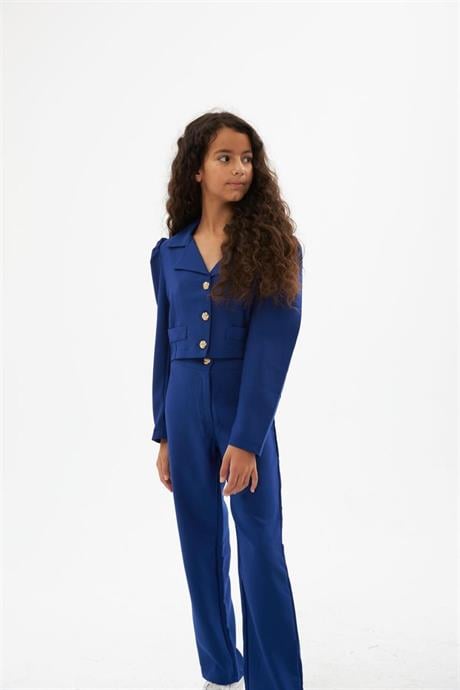 Kız Çocuk Gold Düğme Deaylı Süs Cepli Crop Ceket Geniş Paça Pantolon 2'li Takım Saks 12 Yaş