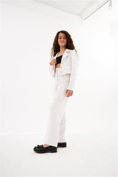 Kız Çocuk Gold Düğme Deaylı Süs Cepli Crop Ceket Geniş Paça Pantolon 2'li Takım Beyaz 4 Yaş