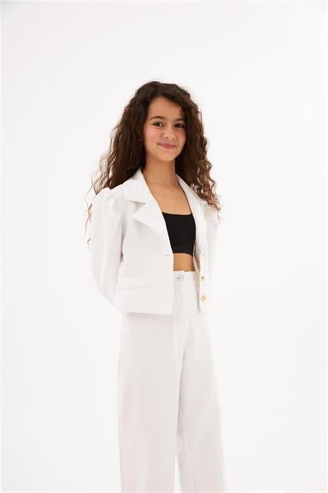 Kız Çocuk Gold Düğme Deaylı Süs Cepli Crop Ceket Geniş Paça Pantolon 2'li Takım Beyaz 6 Yaş