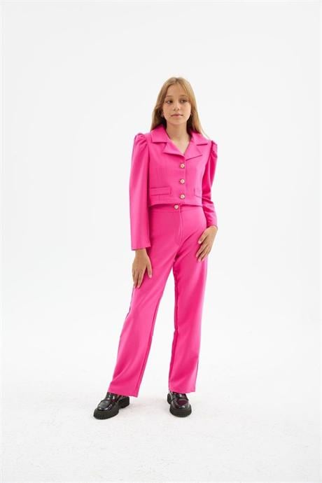 Kız Çocuk Gold Düğme Deaylı Süs Cepli Crop Ceket Geniş Paça Pantolon 2'li Takım Pembe 8 Yaş