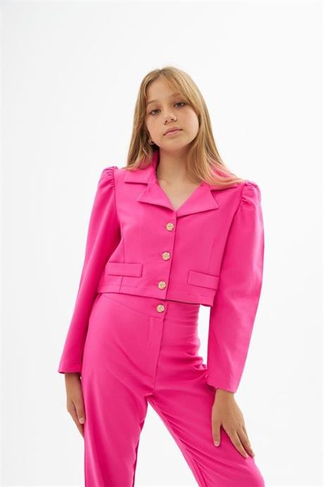 Kız Çocuk Gold Düğme Deaylı Süs Cepli Crop Ceket Geniş Paça Pantolon 2'li Takım Pembe 8 Yaş