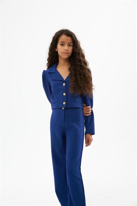 Kız Çocuk Gold Düğme Deaylı Süs Cepli Crop Ceket Geniş Paça Pantolon 2'li Takım Saks 4 Yaş