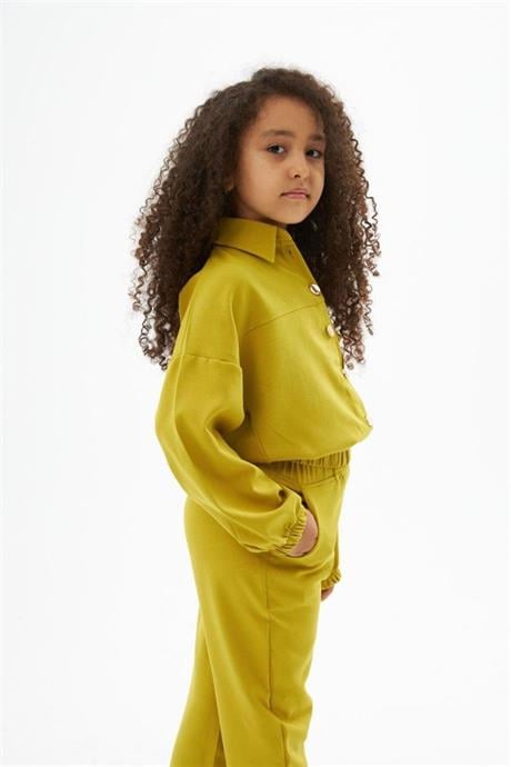 Kız Çocuk Gold Düğme Detaylı Double Kumaş Uzun Kollu Bluz ve Pantolon 2'li Takım Yeşil 10 Yaş