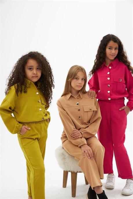 Kız Çocuk Gold Düğme Detaylı Double Kumaş Uzun Kollu Bluz ve Pantolon 2'li Takım Yeşil 6 Yaş