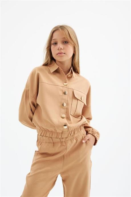 Kız Çocuk Gold Düğme Detaylı Double Kumaş Uzun Kollu Bluz ve Pantolon 2'li Takım Krem 6 Yaş