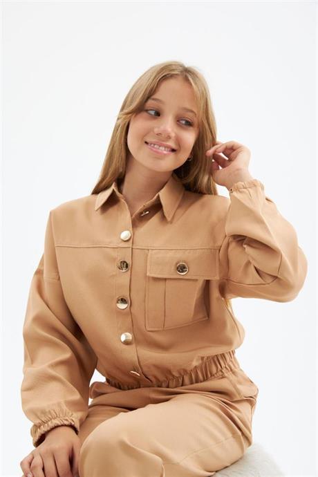 Kız Çocuk Gold Düğme Detaylı Double Kumaş Uzun Kollu Bluz ve Pantolon 2'li Takım Krem 10 Yaş