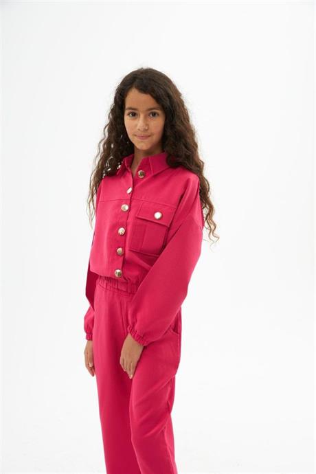 Kız Çocuk Gold Düğme Detaylı Double Kumaş Uzun Kollu Bluz ve Pantolon 2'li Takım Fuşya 6 Yaş