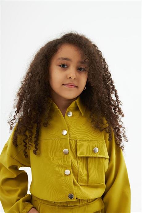 Kız Çocuk Gold Düğme Detaylı Double Kumaş Uzun Kollu Bluz ve Pantolon 2'li Takım Yeşil 4 Yaş