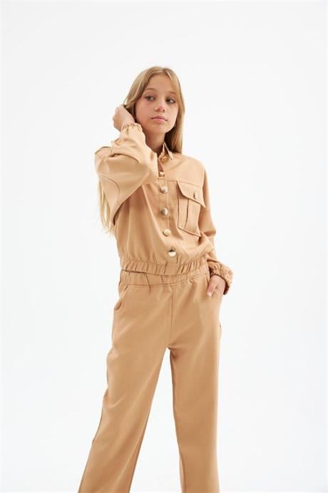 Kız Çocuk Gold Düğme Detaylı Double Kumaş Uzun Kollu Bluz ve Pantolon 2'li Takım Krem 4 Yaş