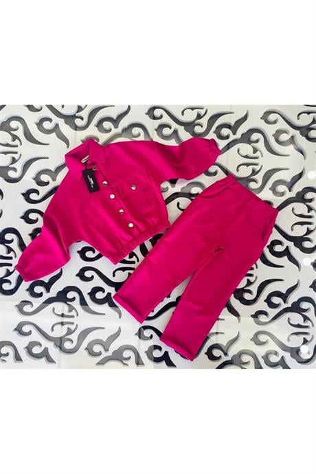 Kız Çocuk Gold Düğme Detaylı Double Kumaş Uzun Kollu Bluz ve Pantolon 2'li Takım Fuşya 8 Yaş