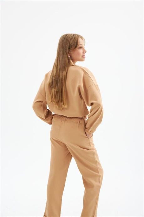 Kız Çocuk Gold Düğme Detaylı Double Kumaş Uzun Kollu Bluz ve Pantolon 2'li Takım Krem 14 Yaş