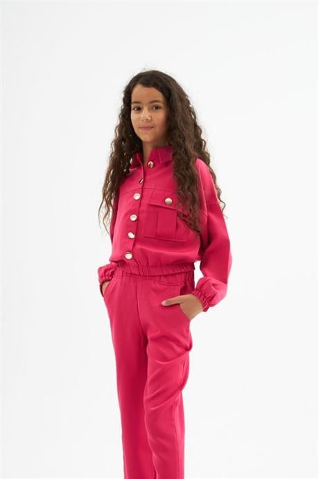 Kız Çocuk Gold Düğme Detaylı Double Kumaş Uzun Kollu Bluz ve Pantolon 2'li Takım Fuşya 4 Yaş