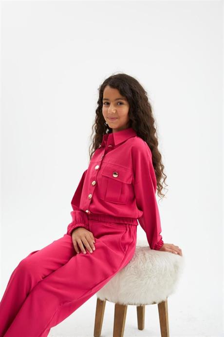 Kız Çocuk Gold Düğme Detaylı Double Kumaş Uzun Kollu Bluz ve Pantolon 2'li Takım Fuşya 4 Yaş