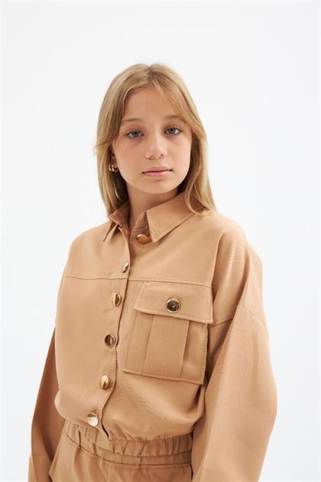 Kız Çocuk Gold Düğme Detaylı Double Kumaş Uzun Kollu Bluz ve Pantolon 2'li Takım Krem 14 Yaş