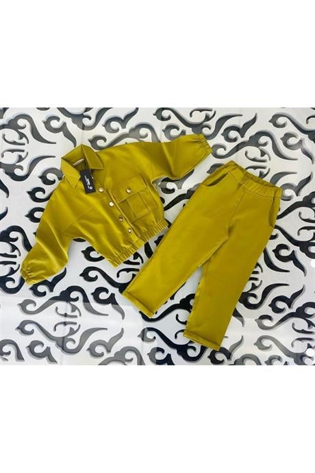 Kız Çocuk Gold Düğme Detaylı Double Kumaş Uzun Kollu Bluz ve Pantolon 2'li Takım Yeşil 14 Yaş