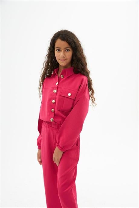 Kız Çocuk Gold Düğme Detaylı Double Kumaş Uzun Kollu Bluz ve Pantolon 2'li Takım Fuşya 10 Yaş
