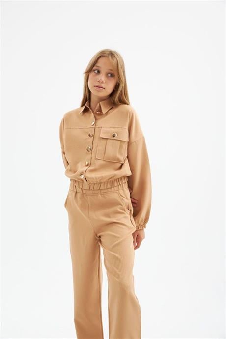 Kız Çocuk Gold Düğme Detaylı Double Kumaş Uzun Kollu Bluz ve Pantolon 2'li Takım Krem 8 Yaş